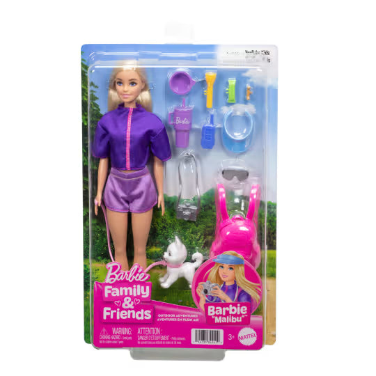 Barbie “Malibu” Outdoor Adventures Fashion Doll Wearing Adventure Outfit, with Camping-Themed Accessories Including Pet Puppy