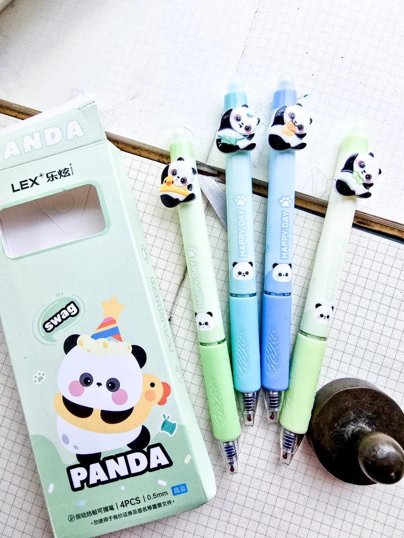 Panda Model Cute Erasable 0.5mm Gel Pens – 4 Pcs Pack | Erasable Ballpoint Pens for Kids