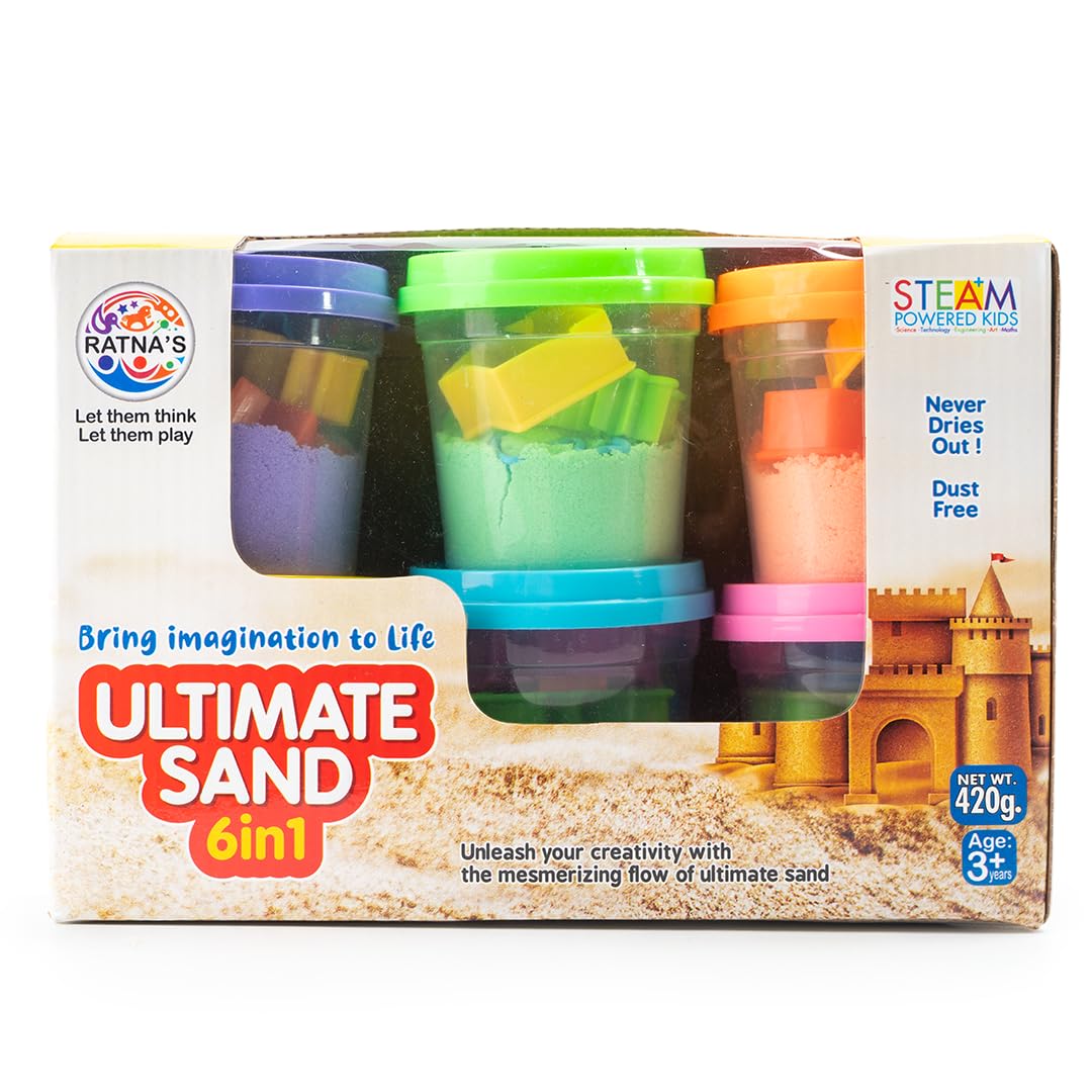 RATNA'S 6 in 1 Ultimate Sand Having 6 Tubs of Different Color Sand (70g Each) & 18 Moulds, Smooth, Non Sticky Kinetic Sand Kit Activity Toys for Kids (Assorted Colours)