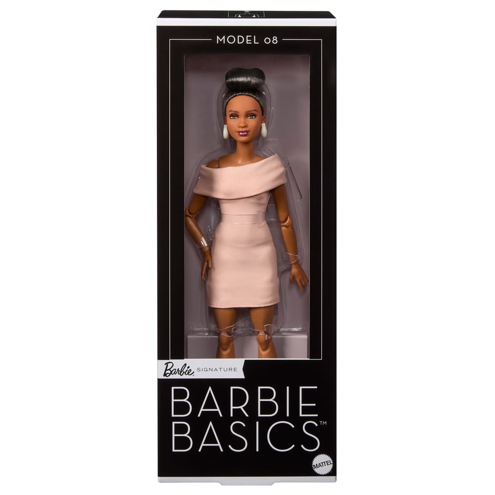 Barbie Basics Model Collector Fashion Doll 08 with Brunette Hair in Tan Dress & Strappy Heels, Universal-fit Fashions & Posable Body | Tan Dress, Strappy Heels, Universal-fit Fashions, Posable Body