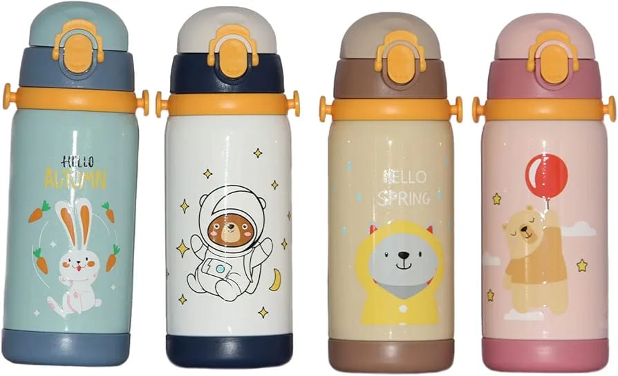 Cartoon Design Stainless Steel Dual Cap Hot & Cold Water Bottle For Kids - 450ml - Multicolor