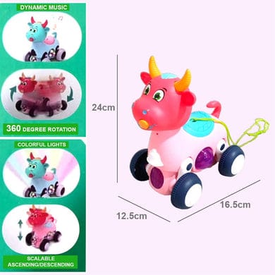 Pull Along Cartoon Animal Figure Toy - 360 Degree Rotating Electric Animal Toy Play Set with Colorful Flashing Lights and Music for Kids