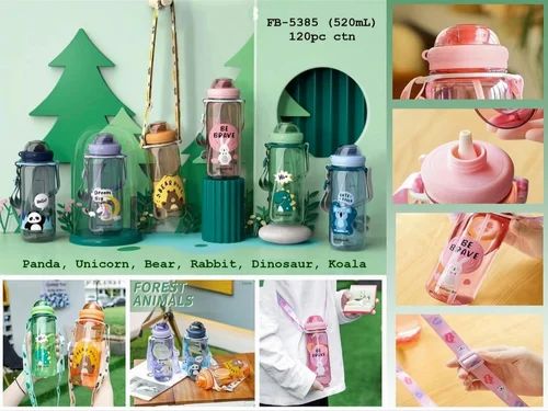 Cute Water Bottle for Kids – Cartoon Animal Design Sipper Bottle with Straw & Adjustable Strap | 520ml