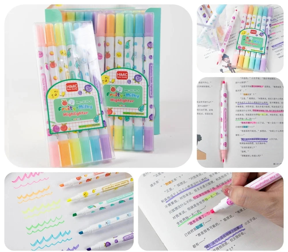 Double Side Fruity Milky 6 in 1 Pack Highlighter pens, For Highlighting