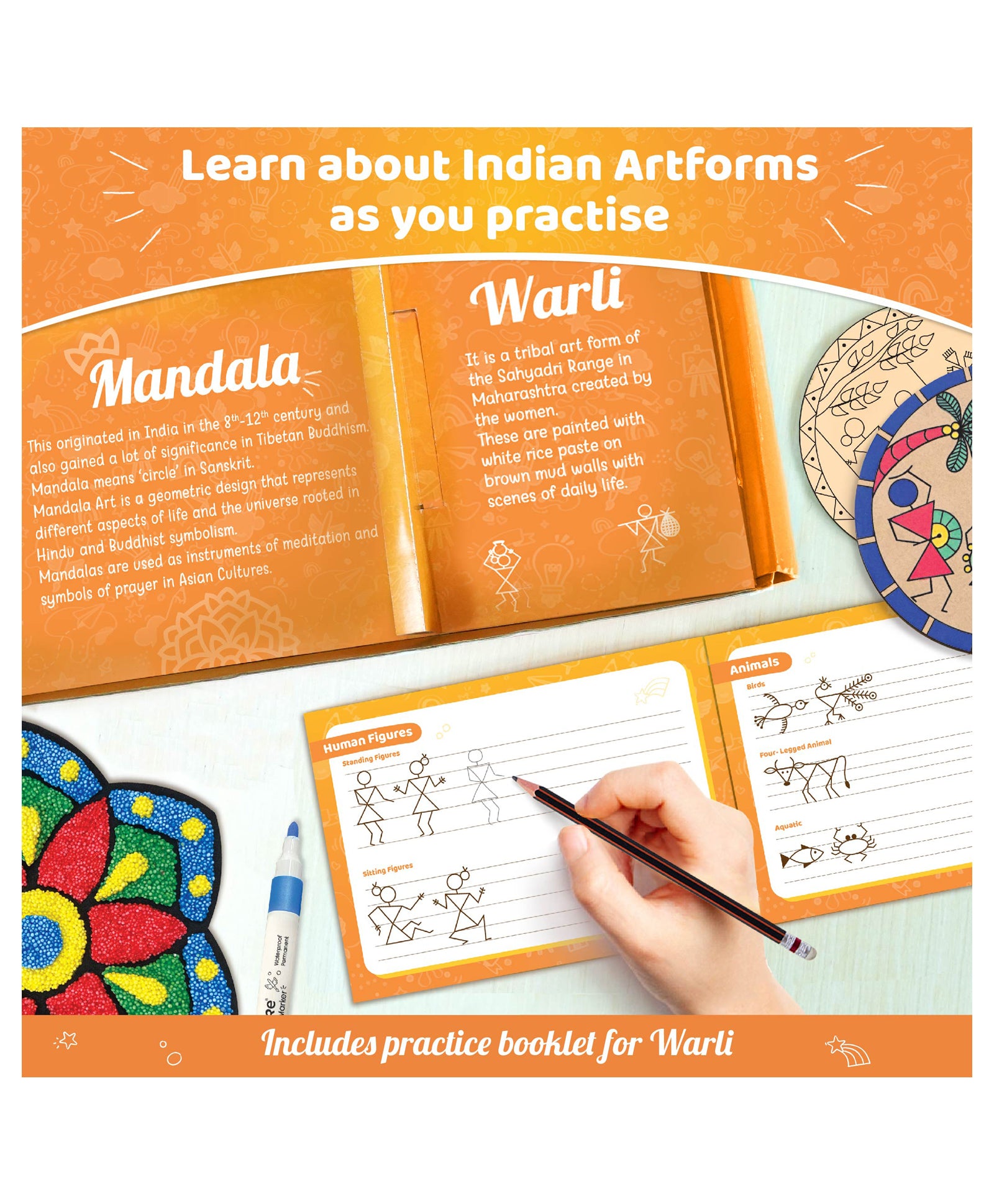 Imagimake Learn Indian Art Forms: DIY Arts and Craft Kit for Kids (Ages 8-12) - Explore 5 Traditional Art Techniques: Madhubani, Warli, Lippan, Mandala & Block Printing - Ideal for Girls, Boys, and Creative Minds - Multi-color