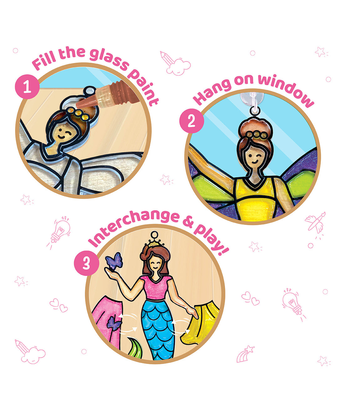 Imagimake Princess-Themed Window Art Craft Kit: 16-Piece Glass Painting Set with Mermaid and Unicorn Designs - Ideal for Girls Aged 5 Years & Up