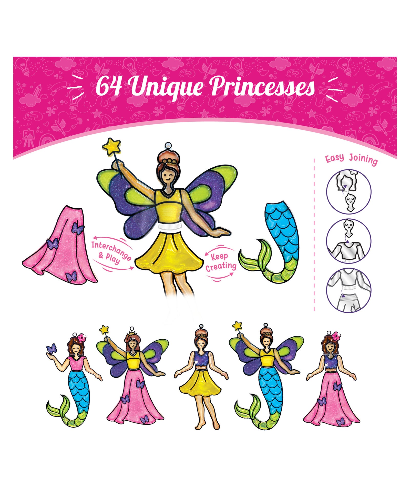 Imagimake Princess-Themed Window Art Craft Kit: 16-Piece Glass Painting Set with Mermaid and Unicorn Designs - Ideal for Girls Aged 5 Years & Up