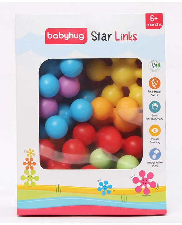 Babyhug Star Links 12 Pcs Colorful Toy| Interlocking Learning and Pre-School Educational Blocks| Improves Creativity And Construction Blocks For Kids| Promote Fine Motor Skills and Sensory Development| BIS Certified| 6 Months+