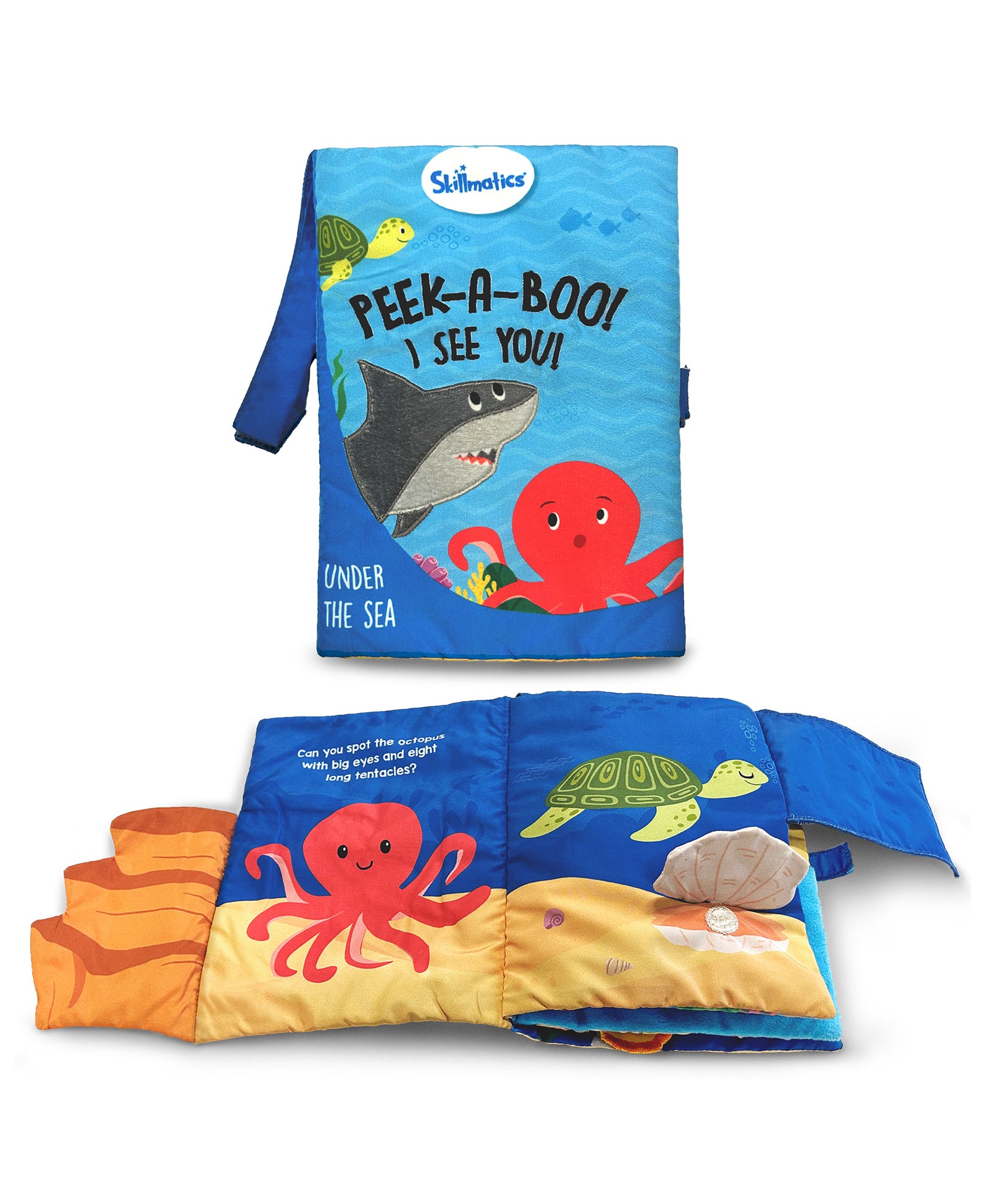 Skillmatics Peek A Boo I See You Underwater Animal Theme Interactive Soft Cloth Book - Blue