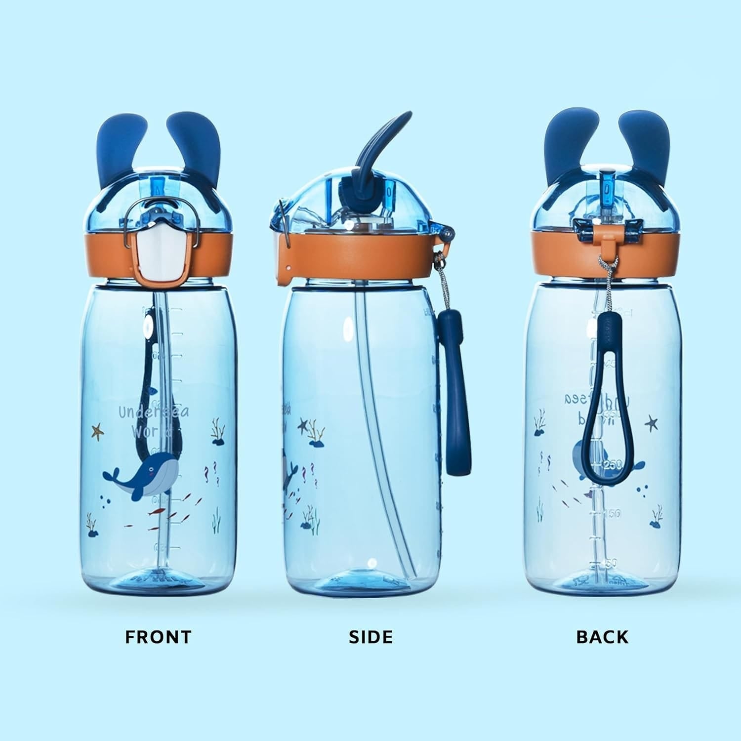 Bunny 550ml Cute and Convenient Cartoon Printed Kids Tritan Water Bottle with Detachable Strap & Straw Lid BPA-Free,Leak-Proof-Perfect for School,Sports and Travel-Blue
