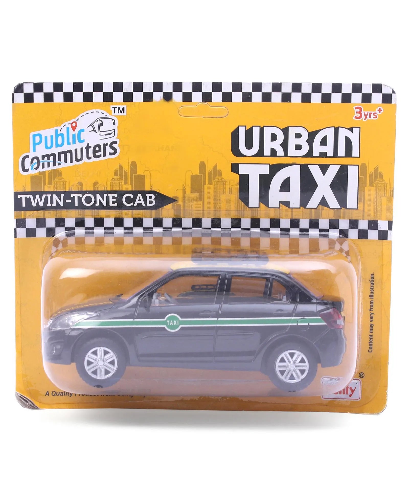 A toy model of a twin-tone cab urban taxi in black color with checkered patterns, packaged in a yellow and black box with the Centy toys branding.