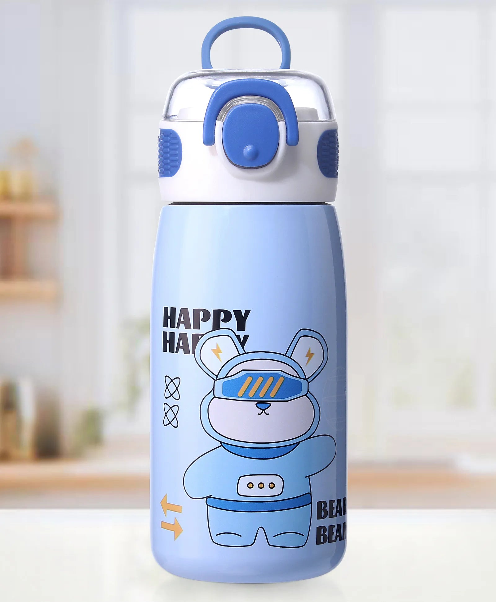Stainless Steel Water Bottle With | Bear Print | Blue - 500 ml