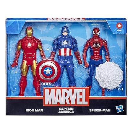 Hasbro Marvel Action Figure Toy 3-Pack, 6-inch Figures, Iron Man, Spider-Man, Captain America, for Kids - Multicolor