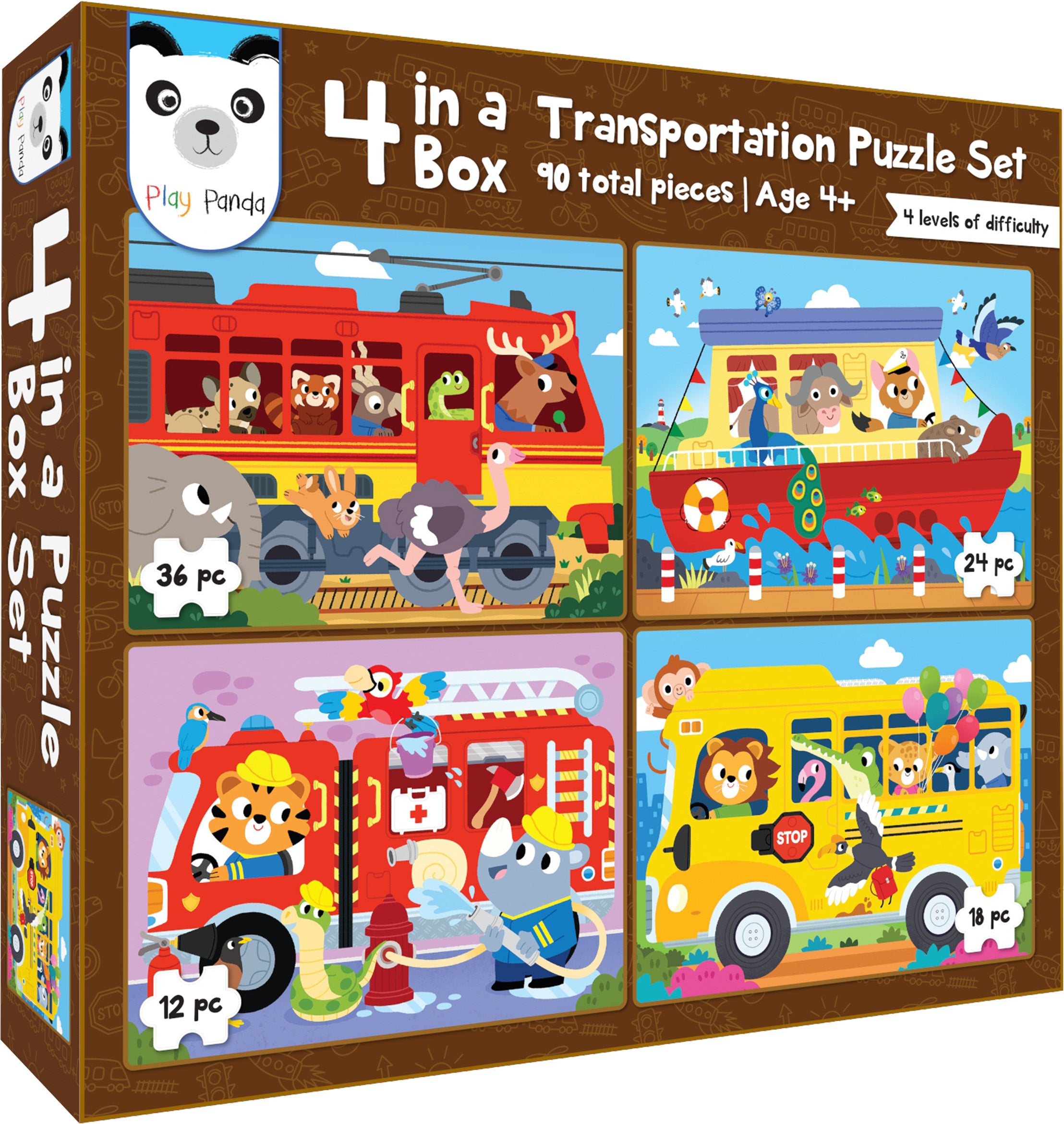 Play Panda – 4 in a Box Transportation Puzzle Set for Kids – Educational Puzzle for Kids - 90 total Pieces