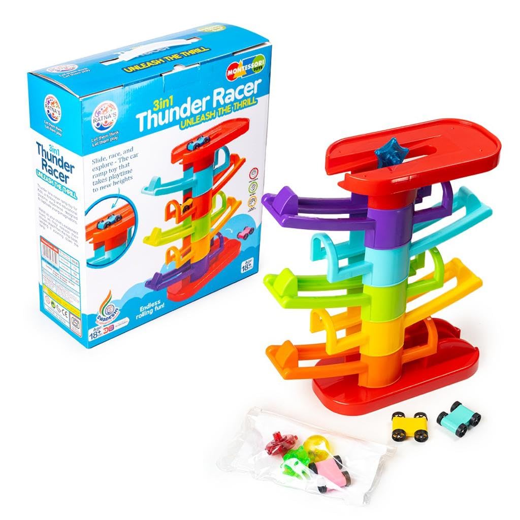 Ratna's 3 in 1 Thunder Racer Track Car Ramp 5 Layer Ball Drop & Roll Swirling Tower Toys for kids Multicolor