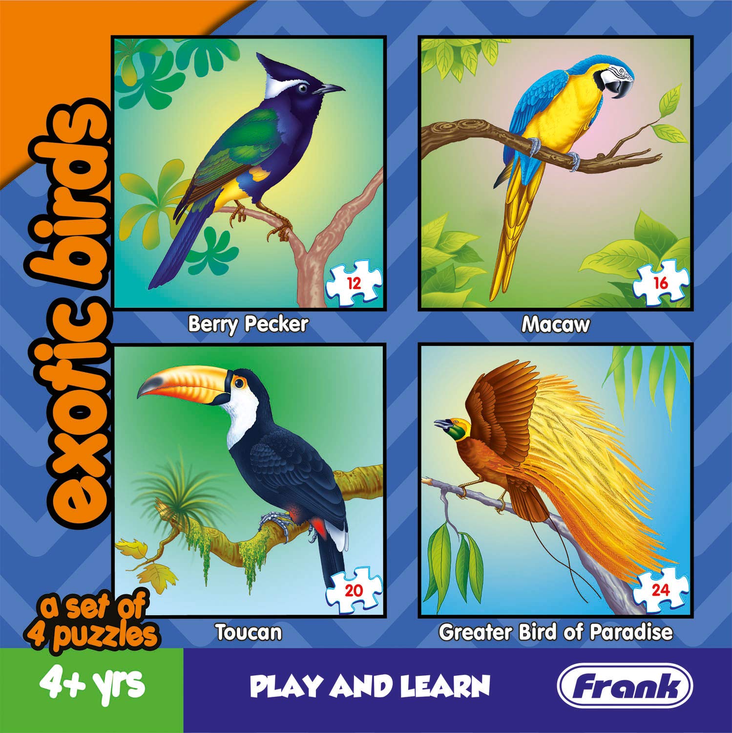Frank Animal Puzzles for Kids - Exotic Birds - Set of 4 Jigsaw Puzzles for Kids