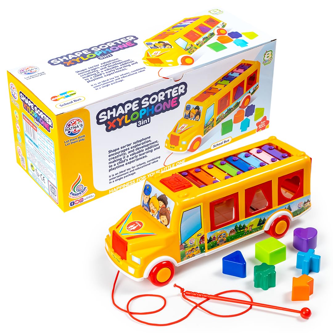 Ratna's 3 in 1 Shape Sorter Xylophone Pull Along Bus Shaped Toy