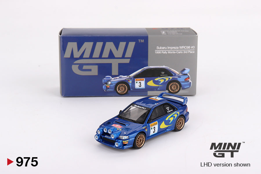 MINI GT #975 Subaru Impreza WRC98 1998 Rally Monte-Carlo 3rd Place #3 – 1:64 Die-Cast Model Car - Box Packing
