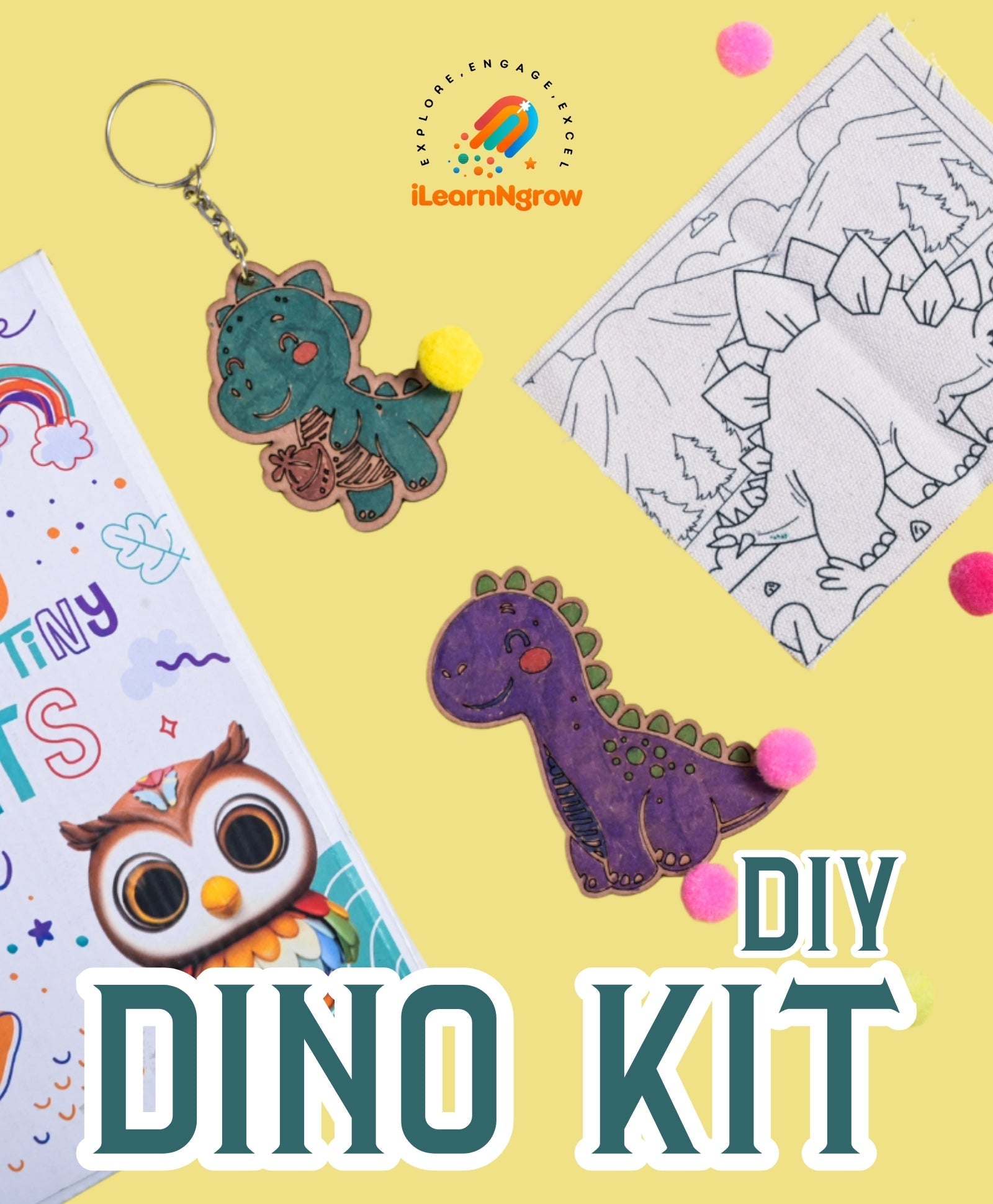 iLearnNGrow Dino Rakhi Combo – DIY Dinosaur Painting Kit with Dino Keychain, Fridge Magnet, Canvas Painting & Dino Rakhi