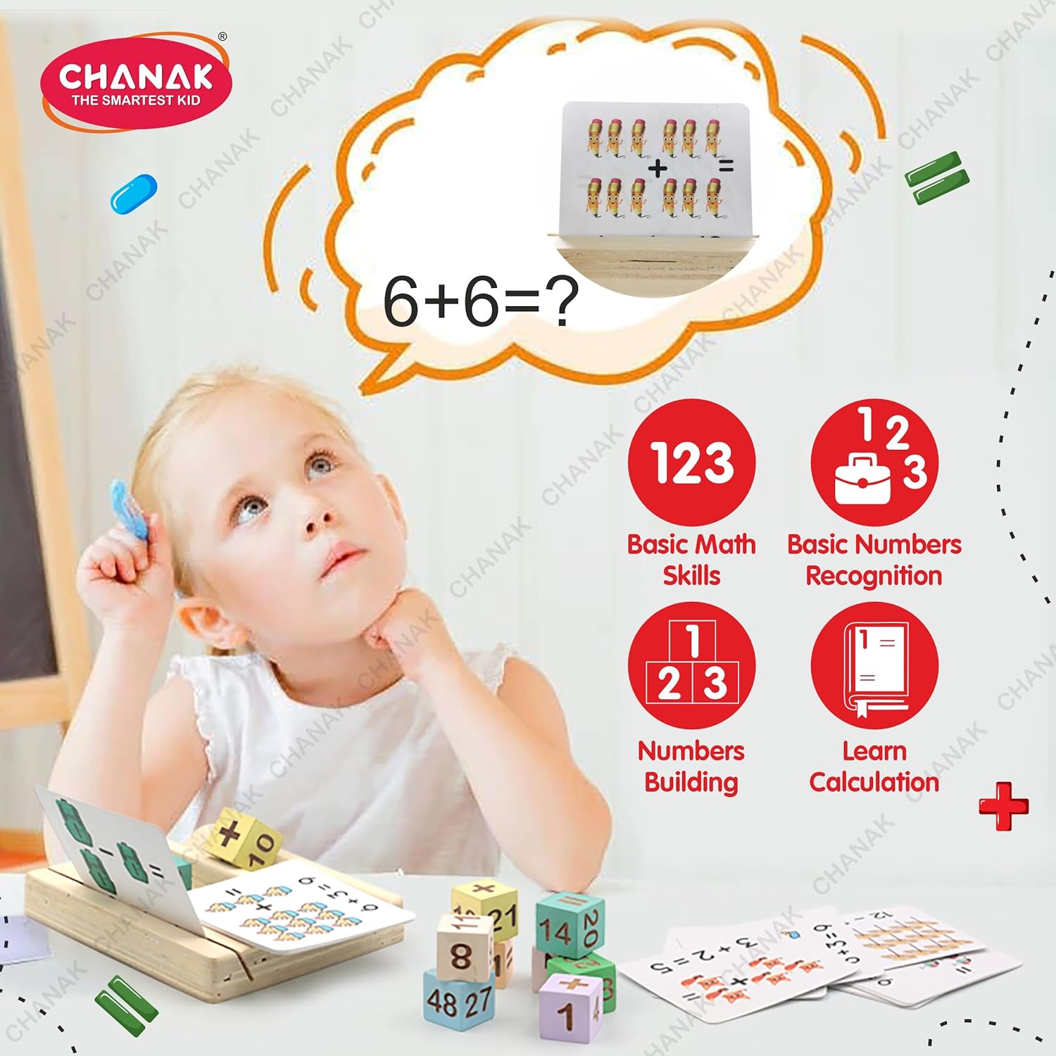 Chanak Wooden MathTime for Kids, Educational Math Card Game with Wooden Block & Flashcards - Multicolor