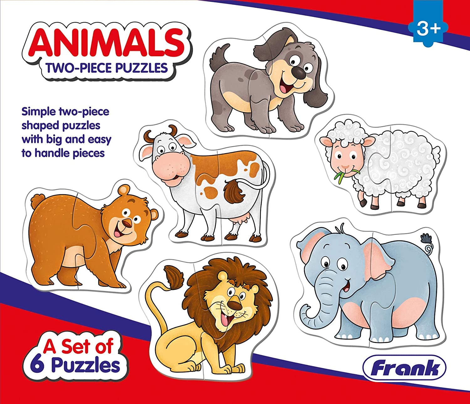 Frank Animals Puzzles - A Set of 6 Two-Piece Shaped Jigsaw Puzzles