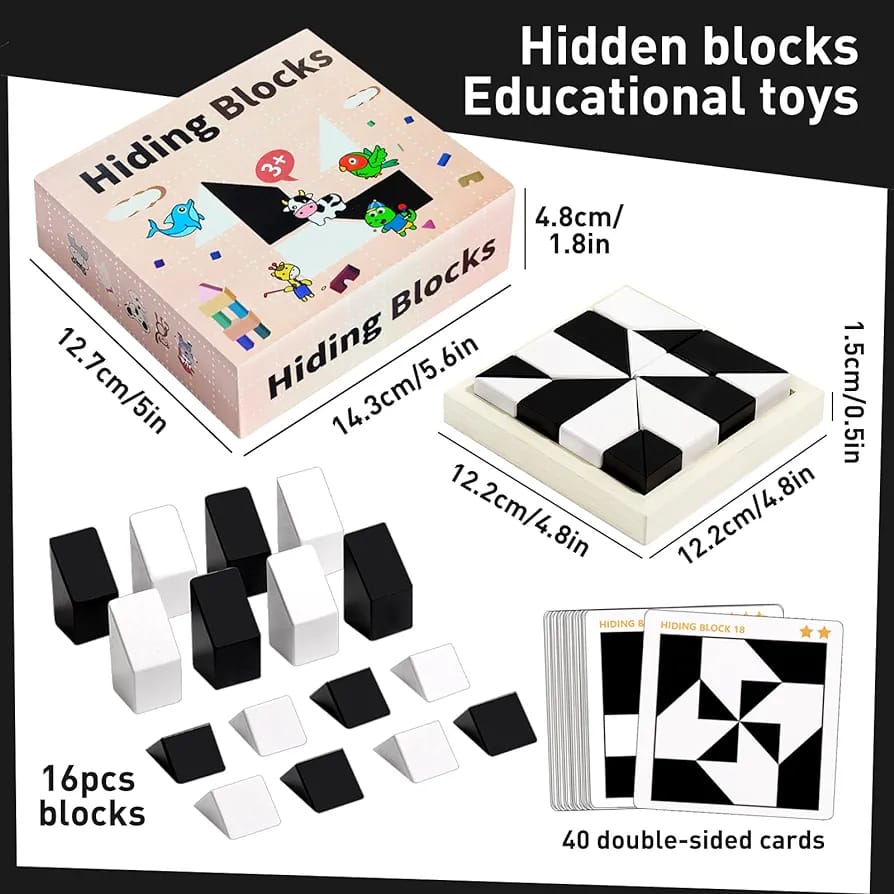 Wooden Hiding Blocks, 3D Puzzle Board Kids Games, Jigsaw Puzzles for Adults, Montessori Toys for Wooden Blocks, Brain Teaser Games Black & White Geometric Blocks Puzzles for Kids Multicolor