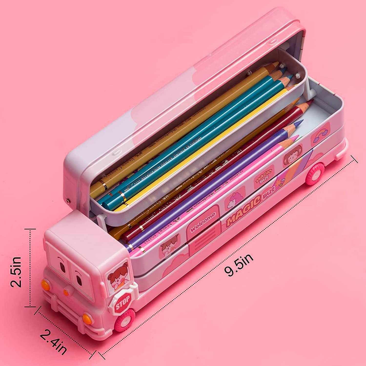 School Bus Pencil Box Geometry Box with Sharpener Cartoon Printed Dual Compartment Space Bus Color & Design may vary