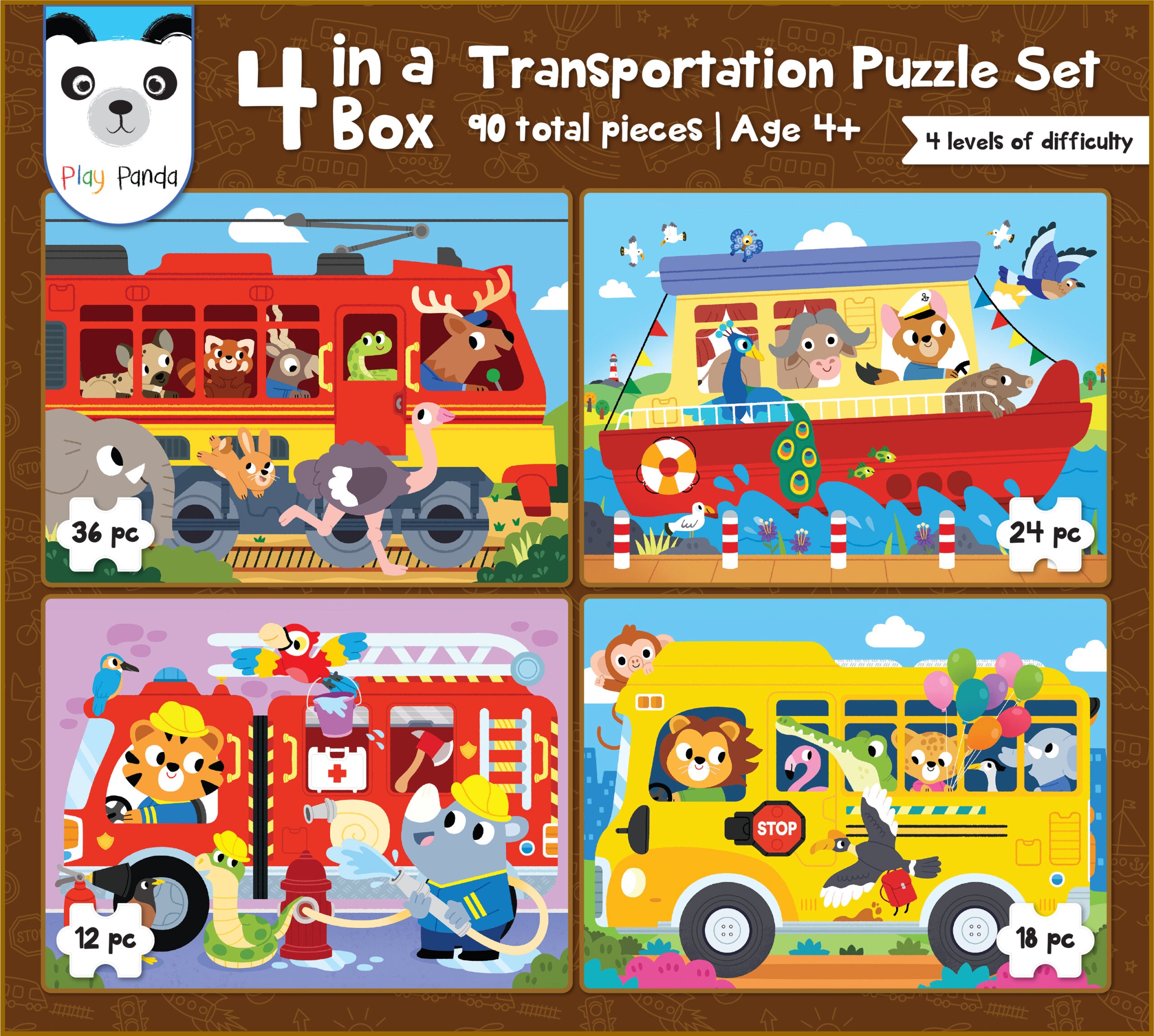 Play Panda – 4 in a Box Transportation Puzzle Set for Kids – Educational Puzzle for Kids - 90 total Pieces