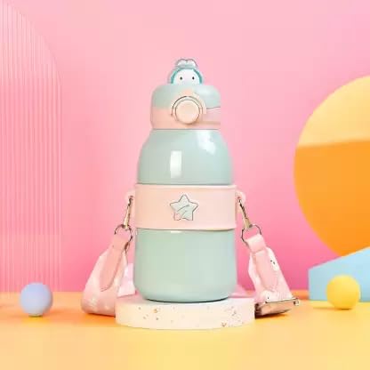 Hot & Cold Double Walled Thermos Flask Vacuum Insulated Stainless Steel Water Bottle for Kids with Straw (490ml)