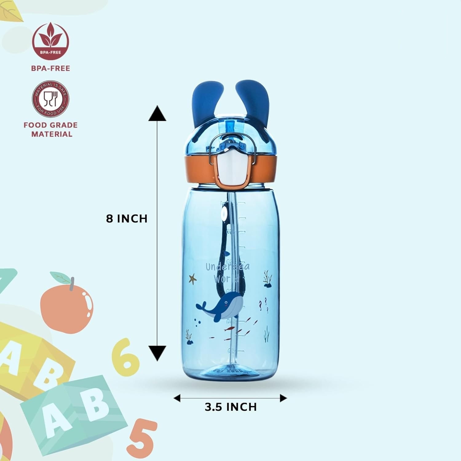 Bunny 550ml Cute and Convenient Cartoon Printed Kids Tritan Water Bottle with Detachable Strap & Straw Lid BPA-Free,Leak-Proof-Perfect for School,Sports and Travel-Blue