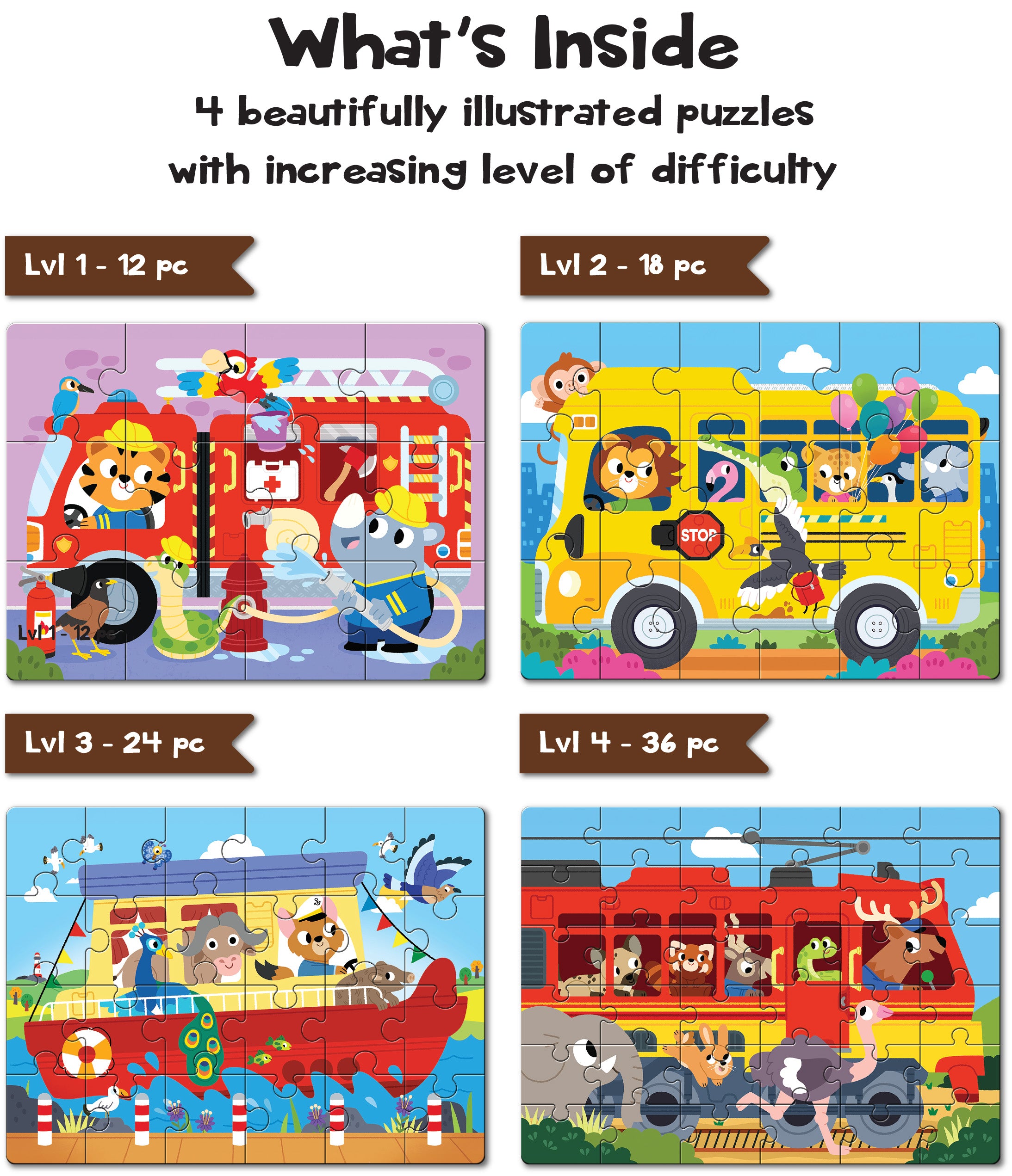 Play Panda – 4 in a Box Transportation Puzzle Set for Kids – Educational Puzzle for Kids - 90 total Pieces