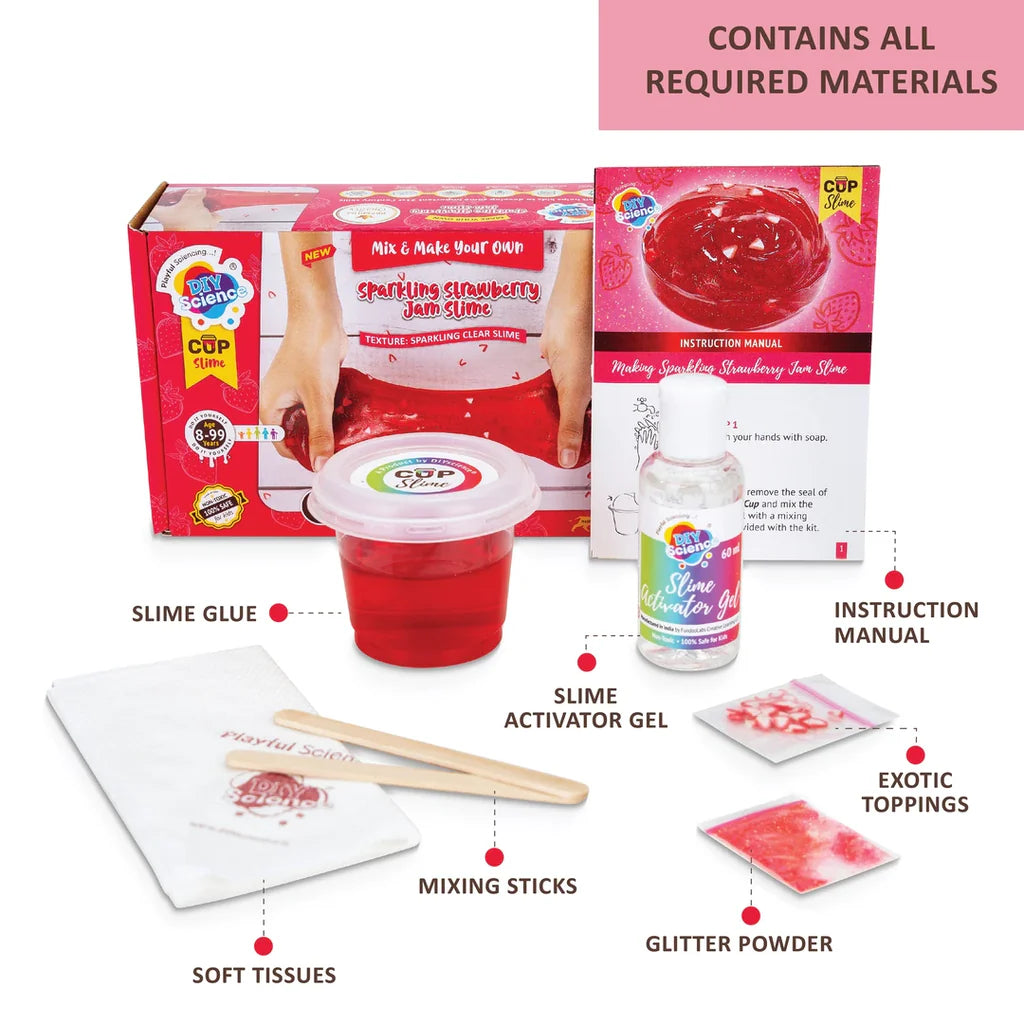DIYScience Sparkling Strawberry Jam Slime Kit, Make Super Shiny and Stretchy Slime, Strawberry Scented Slime Glue, Activator Gel, Strawberry Slice Toppings