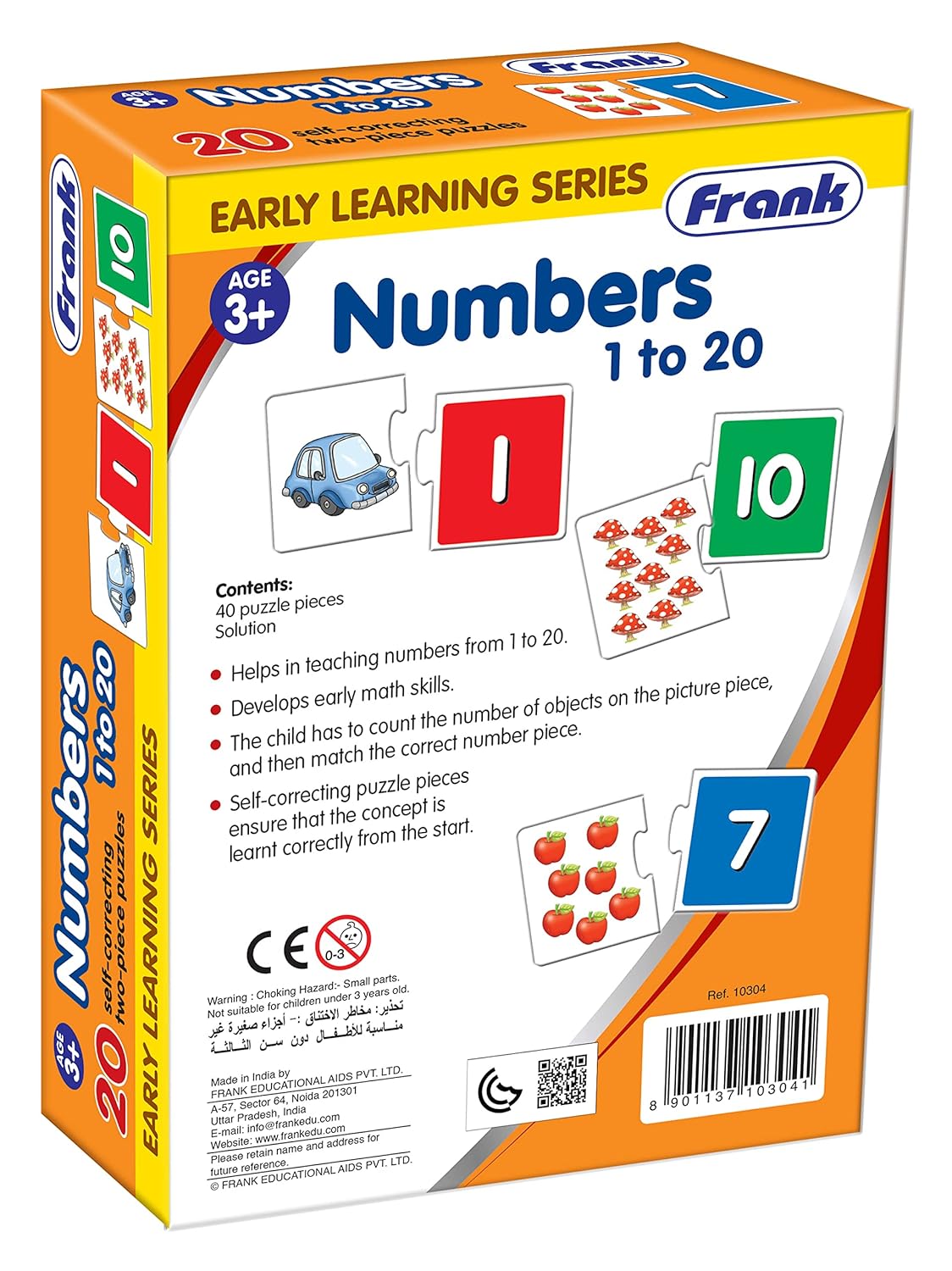 Frank Numbers 1 to 20 Puzzle – 40 Pieces, 20 Self-Correcting 2-Piece Puzzles, Early Learner Educational Jigsaw Puzzle For Kids