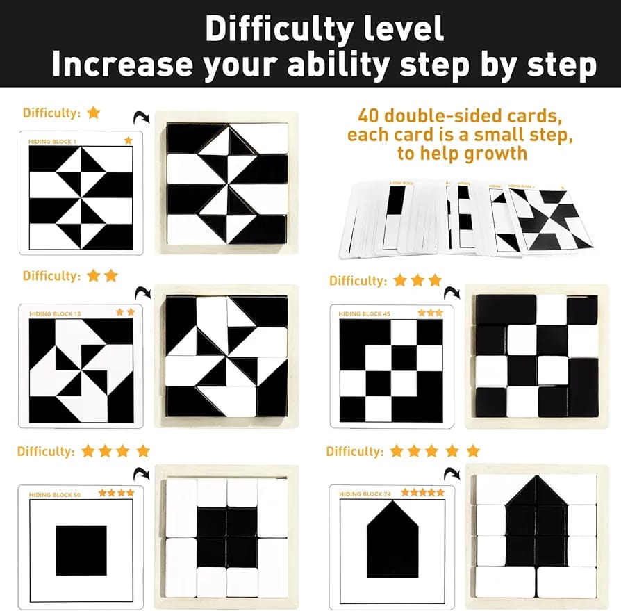 Wooden Hiding Blocks, 3D Puzzle Board Kids Games, Jigsaw Puzzles for Adults, Montessori Toys for Wooden Blocks, Brain Teaser Games Black & White Geometric Blocks Puzzles for Kids Multicolor
