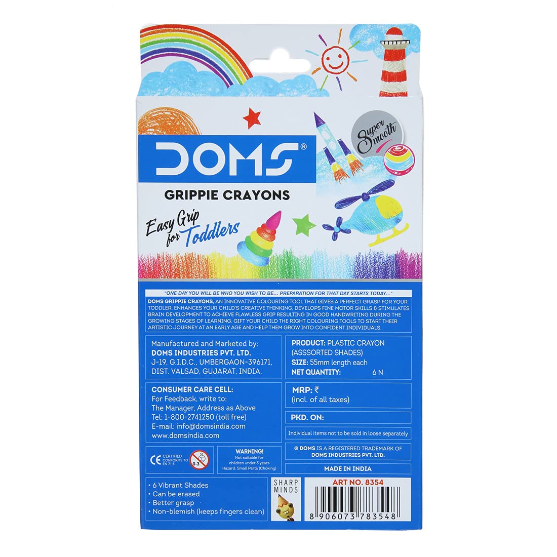 Doms 6 Shades Grippie Crayons Box Pack | Easy Grip For Toddlers | Pack of 3 Pcs