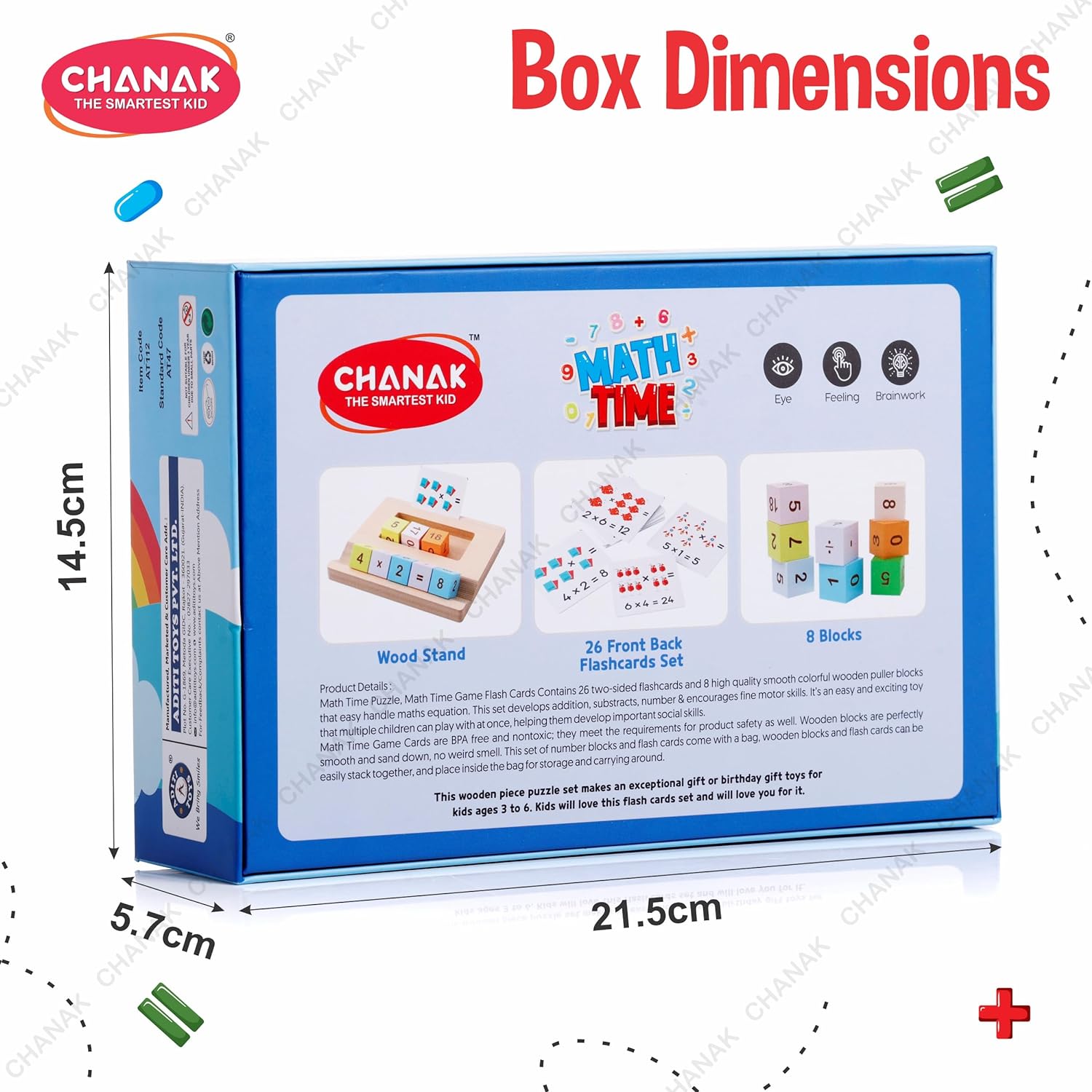 Chanak Wooden MathTime for Kids, Educational Math Card Game with Wooden Block & Flashcards - Multicolor
