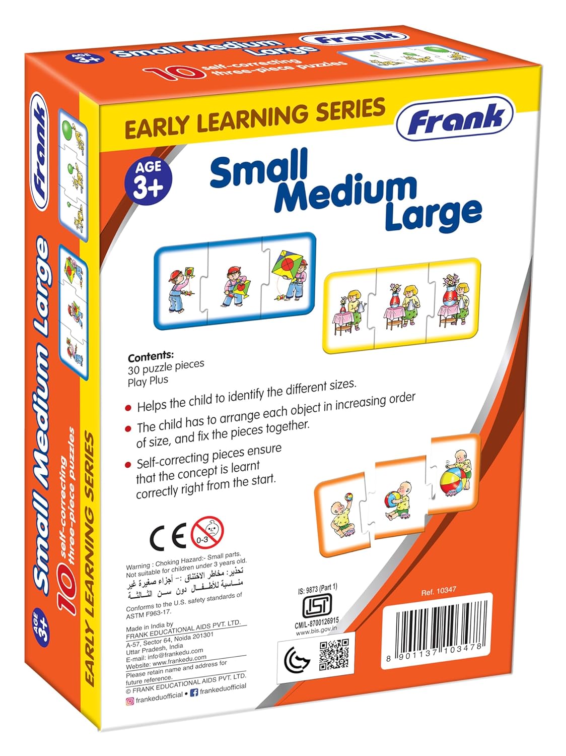 Frank Small Medium Large Puzzle – 30 Pieces, 10 Self-Correcting 3-Piece Puzzles, Early Learner Educational Jigsaw Puzzle For Kids - Multicolor