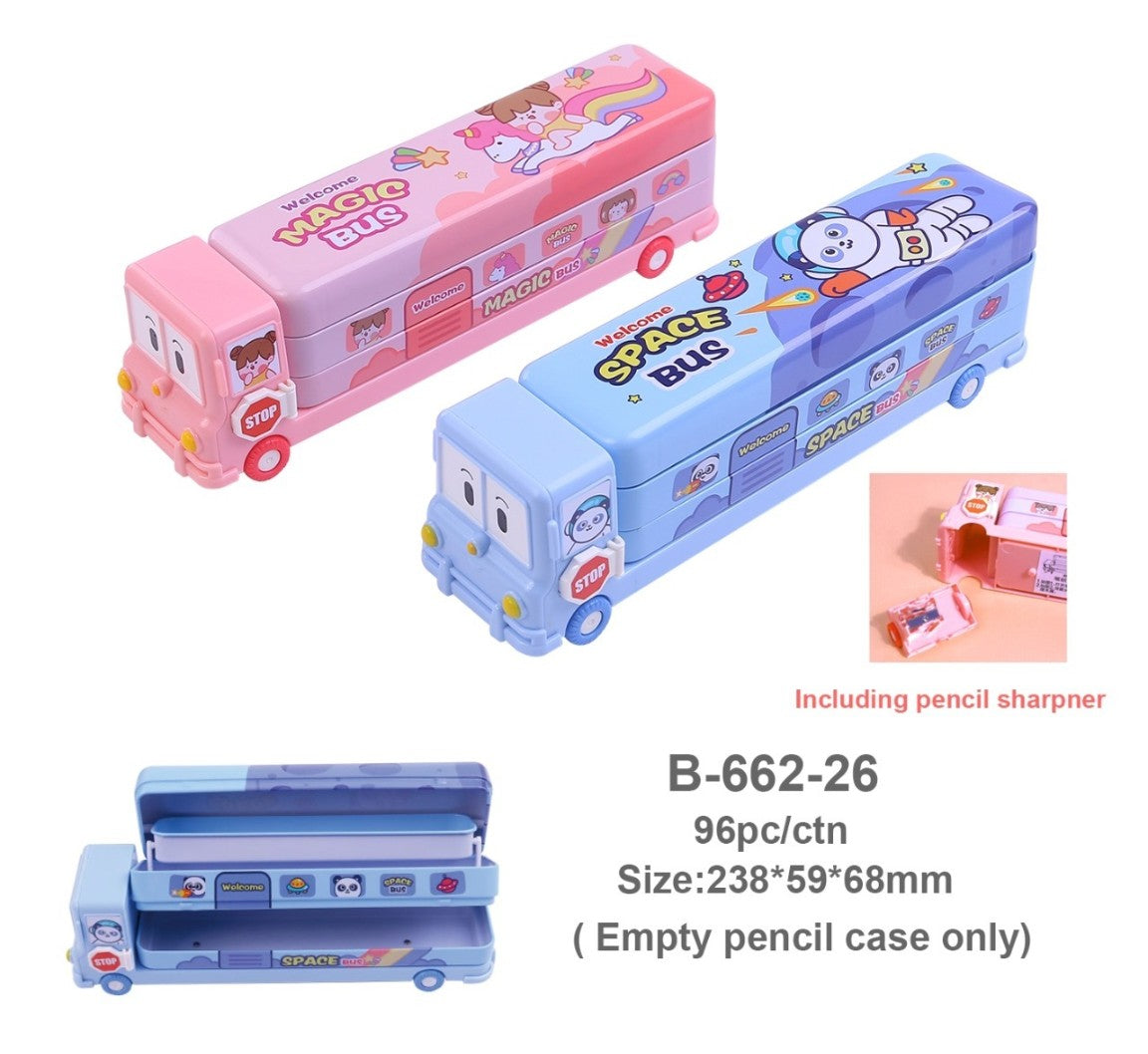 School Bus Pencil Box Geometry Box with Sharpener Cartoon Printed Dual Compartment Space Bus Color & Design may vary