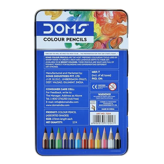 Doms 12 Shades Super Soft Color Pencils Flat Tin Box - Multicolor - Pack of 3 Pcs