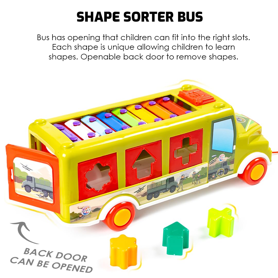Ratna's 3 in 1 Shape Sorter Xylophone Pull Along Bus Shaped Toy