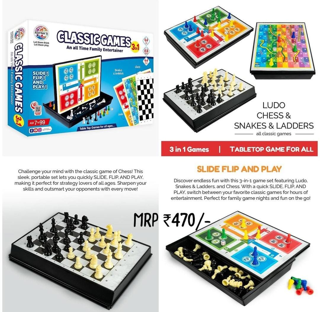 Ratna 3 in 1 Classic Board Games - Multicolor