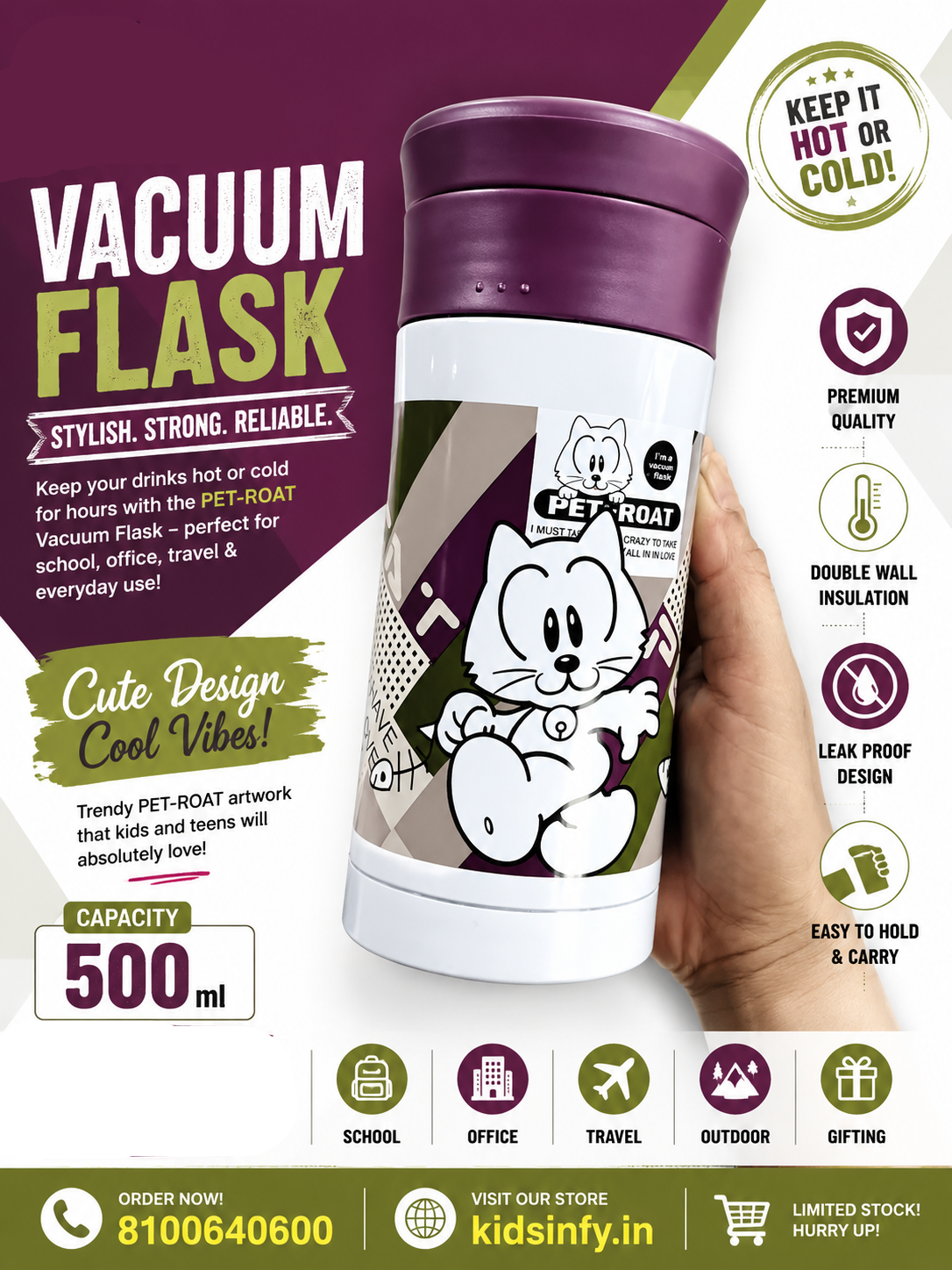 Cute Steel Bottle Peter Cat with Quotes - Cute Cat, Gift for Kids