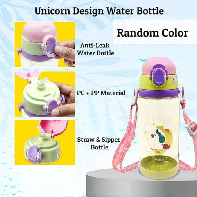 Cute Super Unicorn Sippy Cup Plastic Water Bottle with Straw & Strap For Kids - 600ml - Multicolor