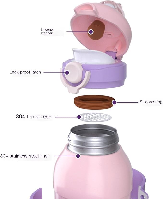 Hot & Cold Double Walled Thermos Flask Vacuum Insulated Stainless Steel Water Bottle for Kids with Straw (490ml)