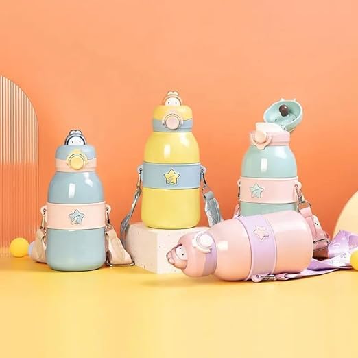 Hot & Cold Double Walled Thermos Flask Vacuum Insulated Stainless Steel Water Bottle for Kids with Straw (490ml)