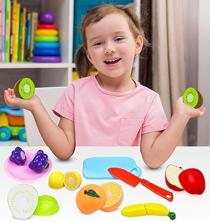 Itoy's Fruit Cutting Play Toy Set with a toy knife, encouraging creativity, fine motor skills, and healthy eating habits