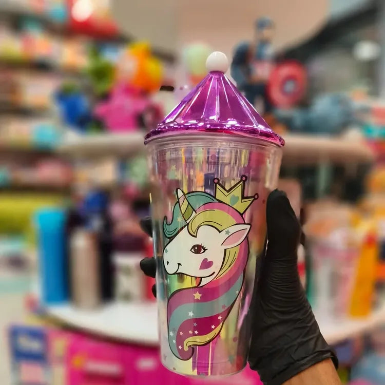 Sipper with Straw, Water Bottle Unique Design, Glitter Sipper with Toy on Top, Tumbler with Straw for Kids | Print May Vary | Pack Of 1
