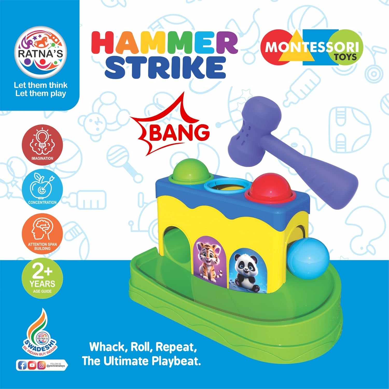 Ratna's Hammer Strike Knock Ball Toy - Multicolor