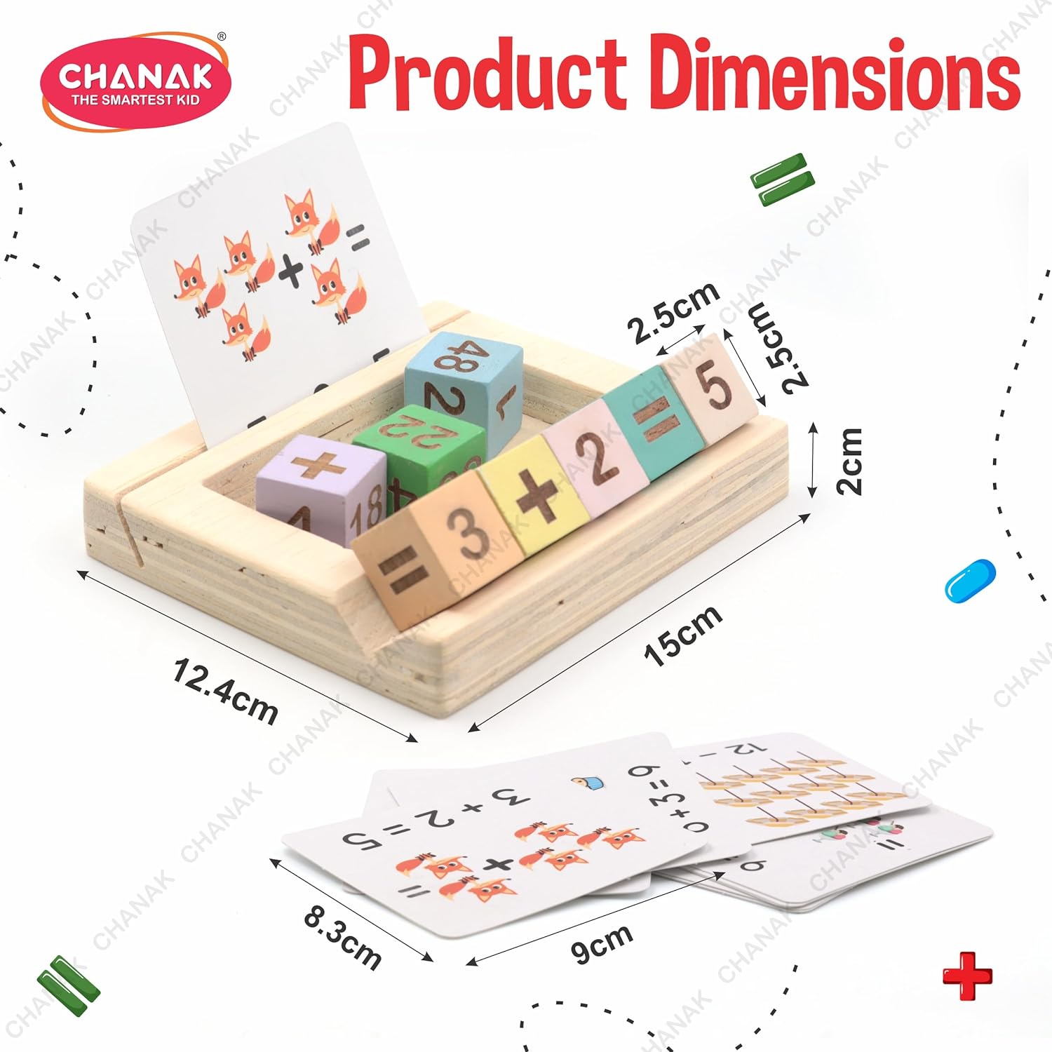 Chanak Wooden MathTime for Kids, Educational Math Card Game with Wooden Block & Flashcards - Multicolor
