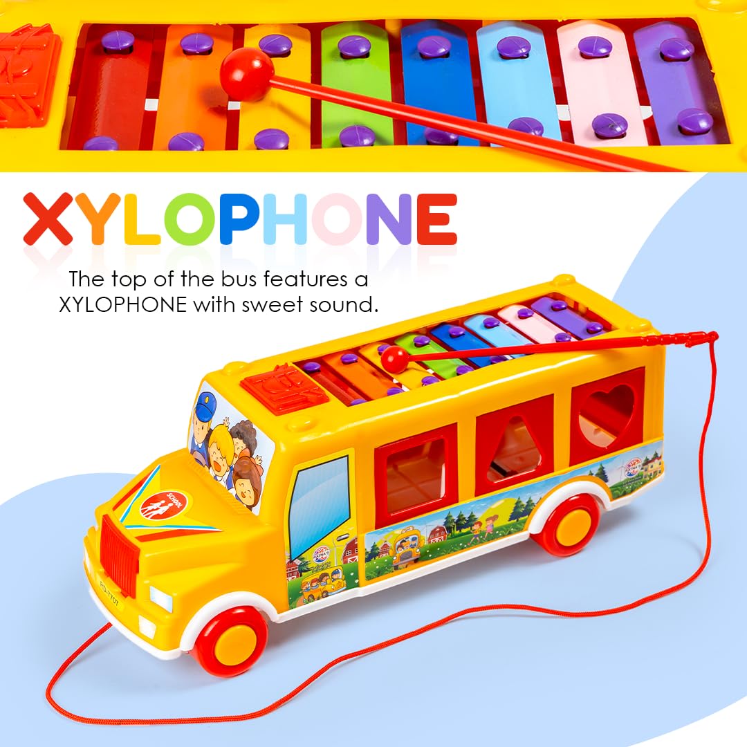 Ratna's 3 in 1 Shape Sorter Xylophone Pull Along Bus Shaped Toy